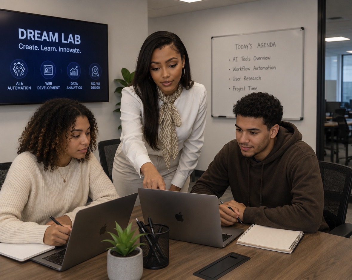 Three Dream Academy participants collaborating around laptops inside the DREAM LAB — a mentor stands guiding two students with the DREAM LAB screen and Today's Agenda whiteboard in the background.