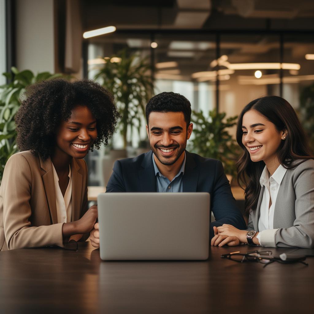 Three professionals collaborating around a laptop in a coworking space